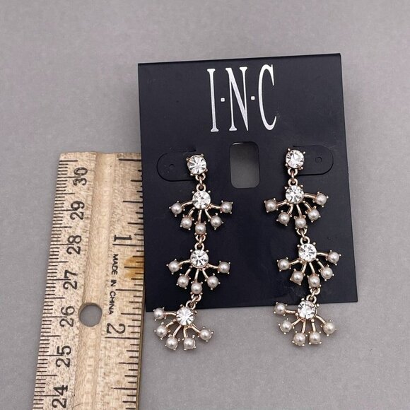 I.N.C Faux Pearl Crystal Dangle Drop Linear Earrings Post Back Closure - Picture 3 of 4